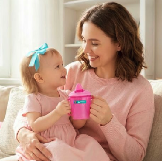Mother and daughter holding a labelled pink drinking bottle together