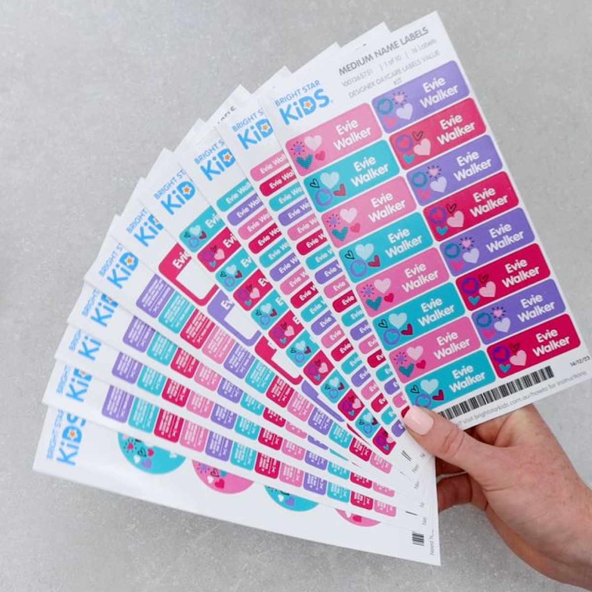 Multi-size name label pack fanned out for school and daycare items