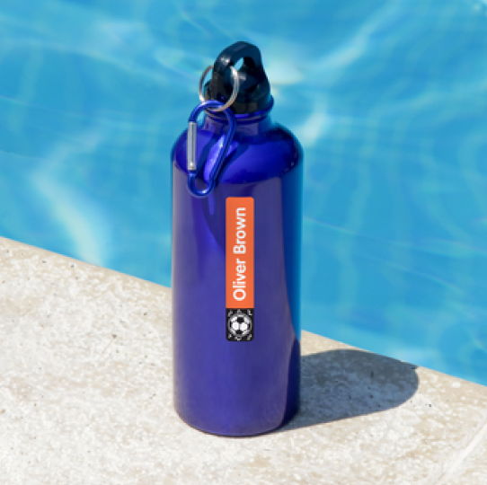 Sports bottle labelled with a personalised name label