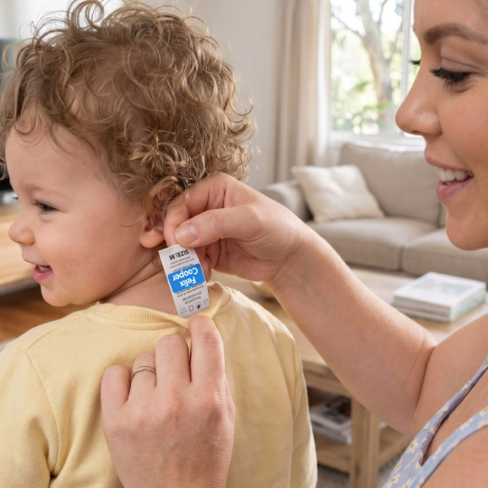 Stick-on clothing label being pressed onto a child's t-shirt tag