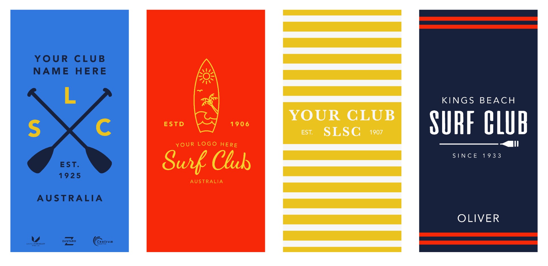 Four example towel design styles: stripes, bold, lettering, and more