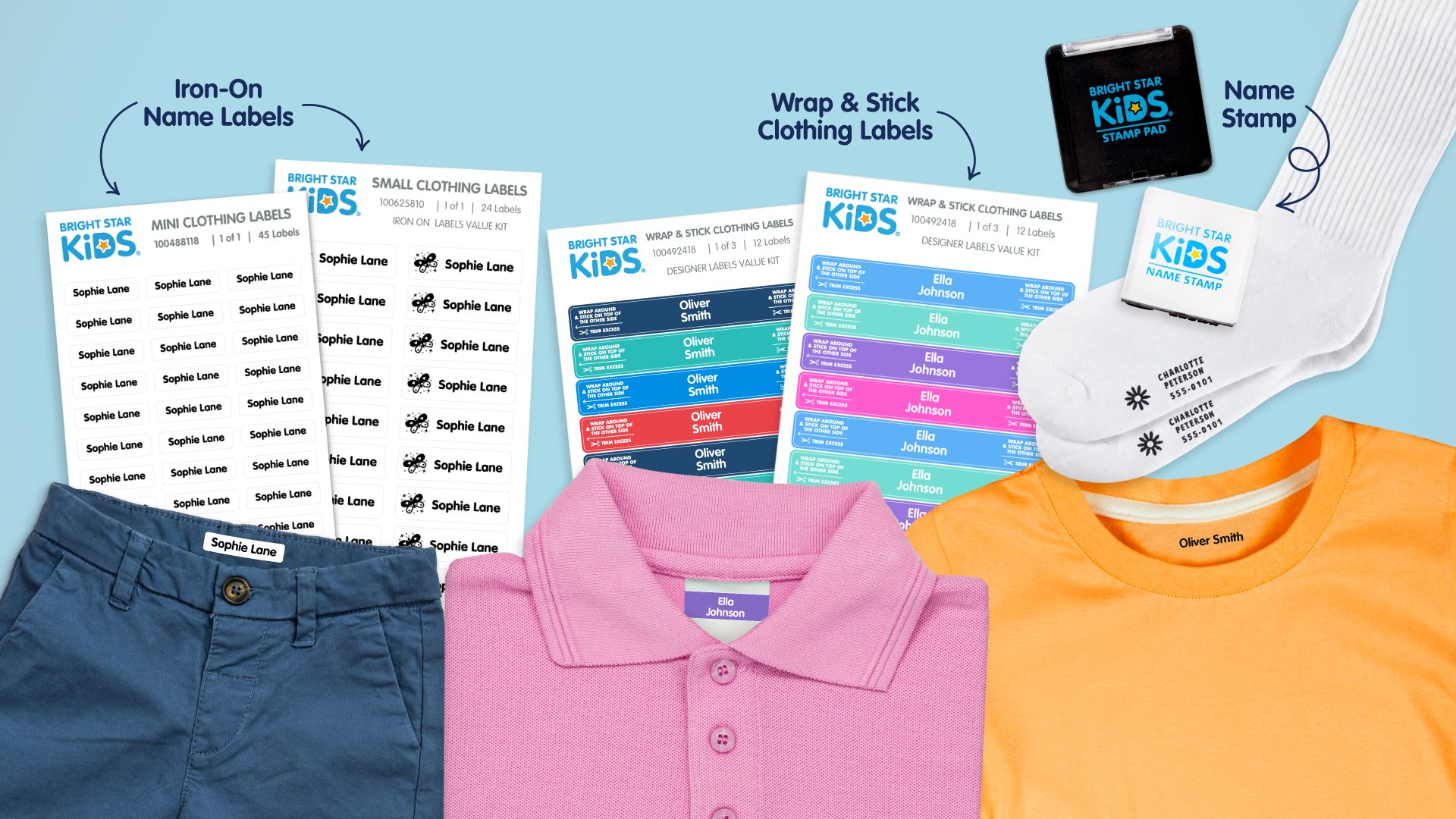 Iron On Name Labels, Wrap & Stick Clothing Labels and Name Stamp on kids clothing