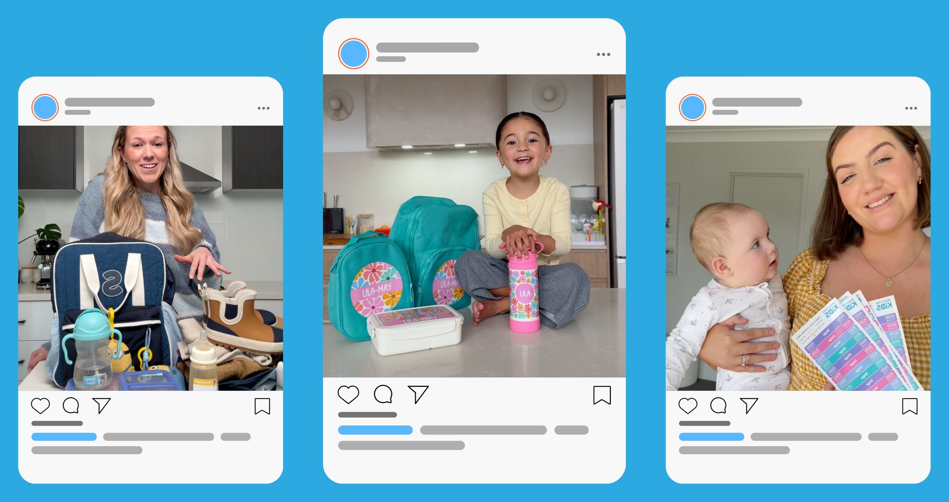 American creators sharing Bright Star Kids backpacks, drink bottles and name labels on Instagram