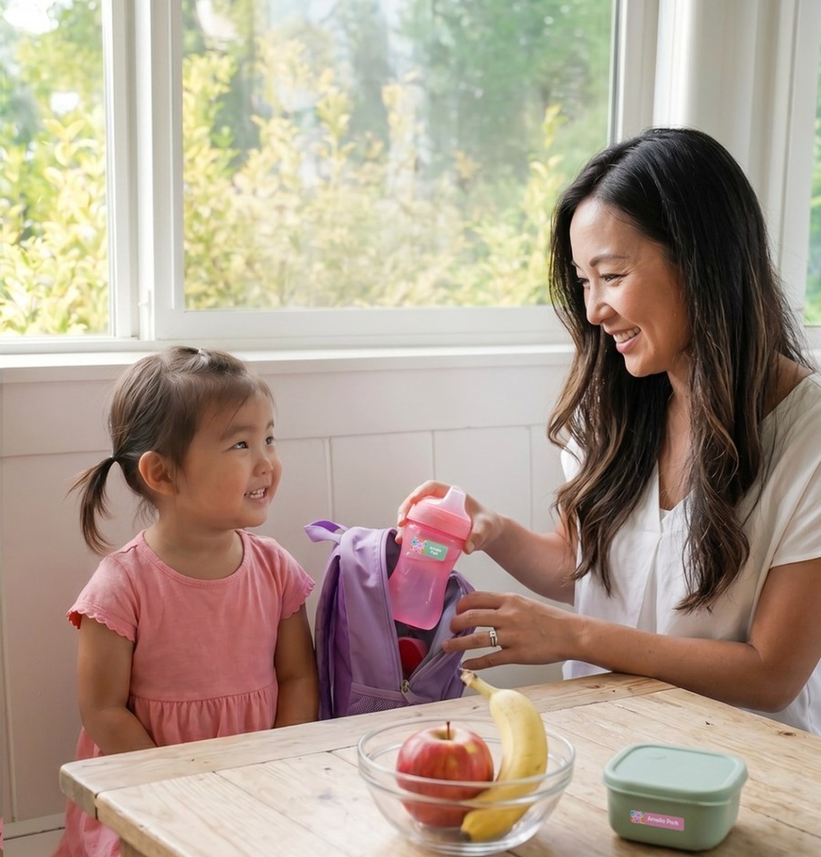 Mom and toddler packing a Bright Star Kids drink bottle into a backpack