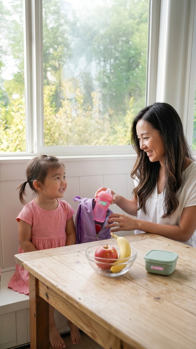 Mom and toddler packing a Bright Star Kids drink bottle and lunch box