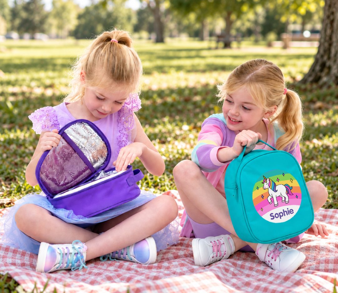Two children with colour coded lunch bags, one colour per child