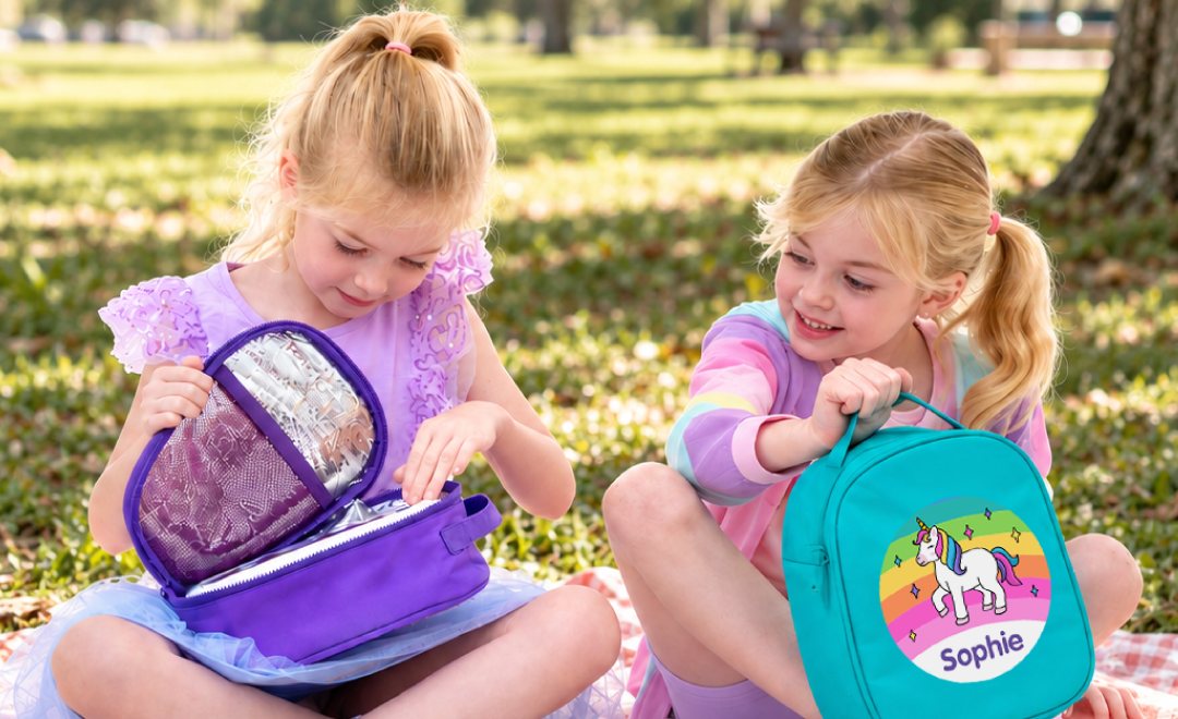 Two children with colour coded lunch bags, one colour per child